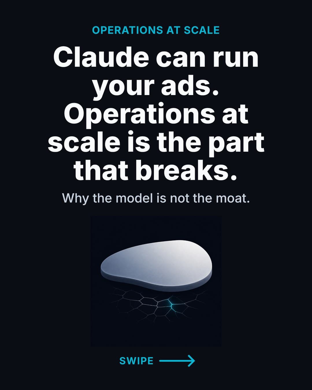 Cover slide of carousel: Claude can run your ads. Operations at scale is the part that breaks.