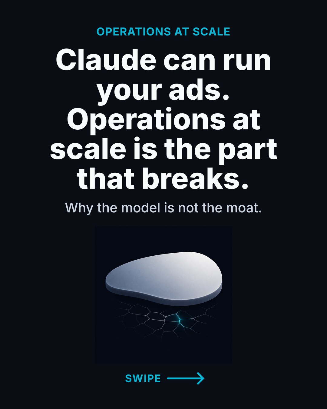 Cover slide of carousel: Claude can run your ads. Operations at scale is the part that breaks.